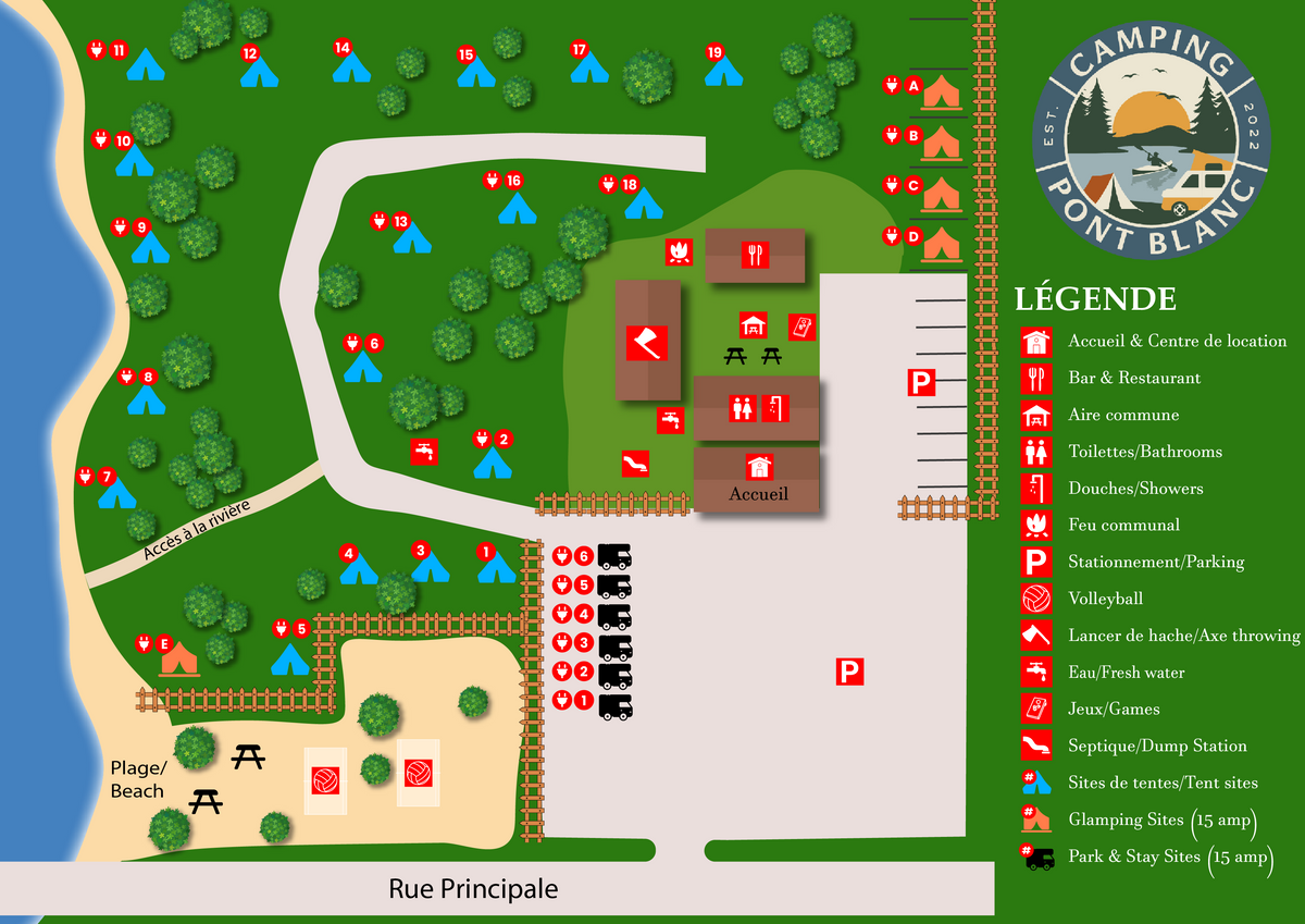 Map of the Camping Pont Blanc grounds showing six glamping sites lettered A to F, fifteen tent sites, five RV sites, six park and stay sites, the beach, the axe throwing range, the bar and restaurant, washrooms and parking