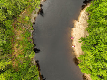 Aerial view of the river winding through forest