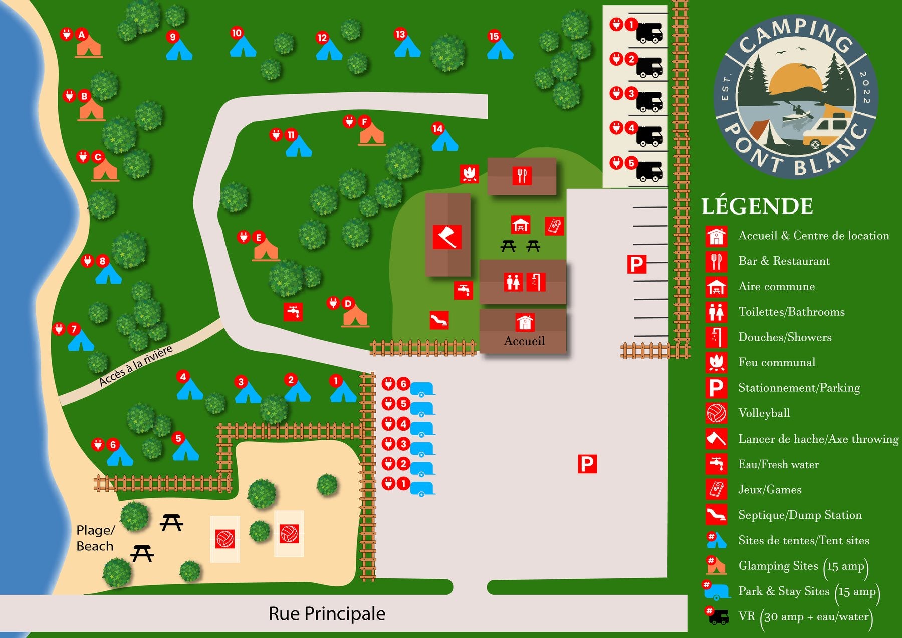 Map of the Camping Pont Blanc grounds showing glamping sites A to F, tent sites, RV sites, park and stay sites, the beach and amenities