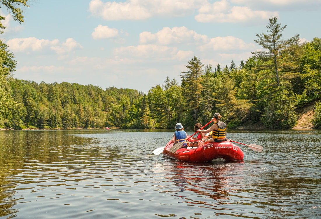 A raft floating down the river between forested banks